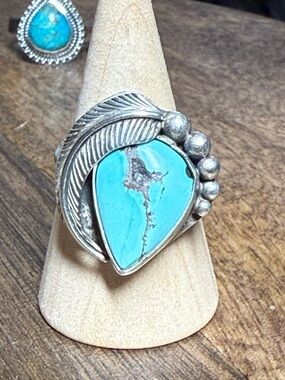 Native Turquoise Teardrop Sterling Feather Ring - Blue Turquoise